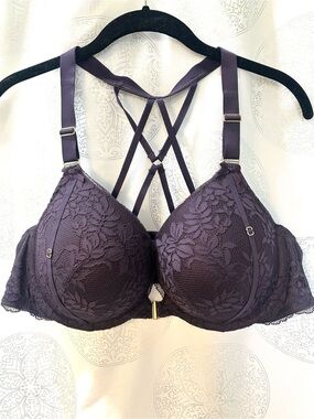 Cacique Boost Plunge Push-up Bra Front Clasp Strappy Padded Racerback Purple 46B
